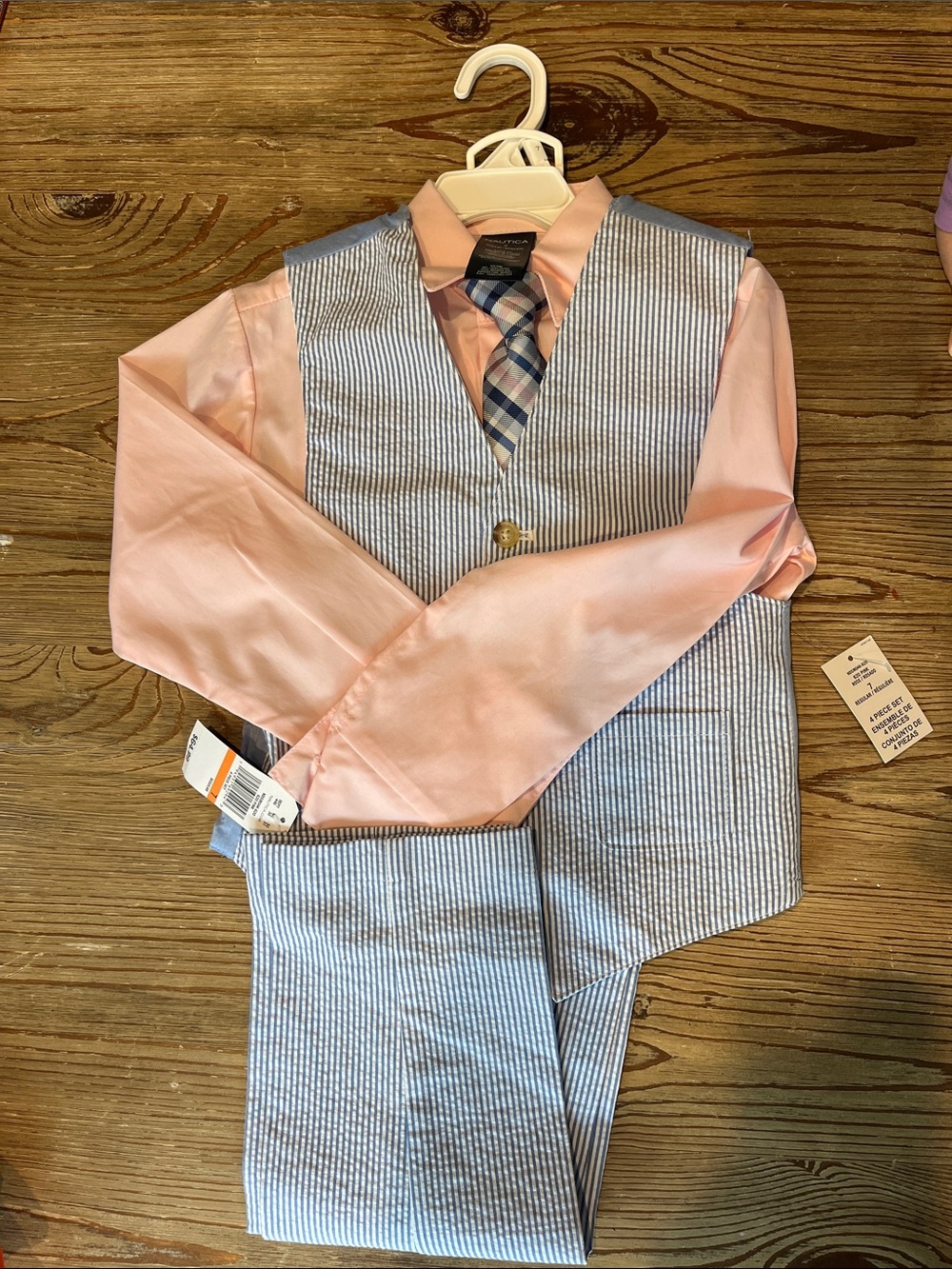 Nautica Blue & White Seersucker Vest Suit with Pink Shirt and Plaid Tie